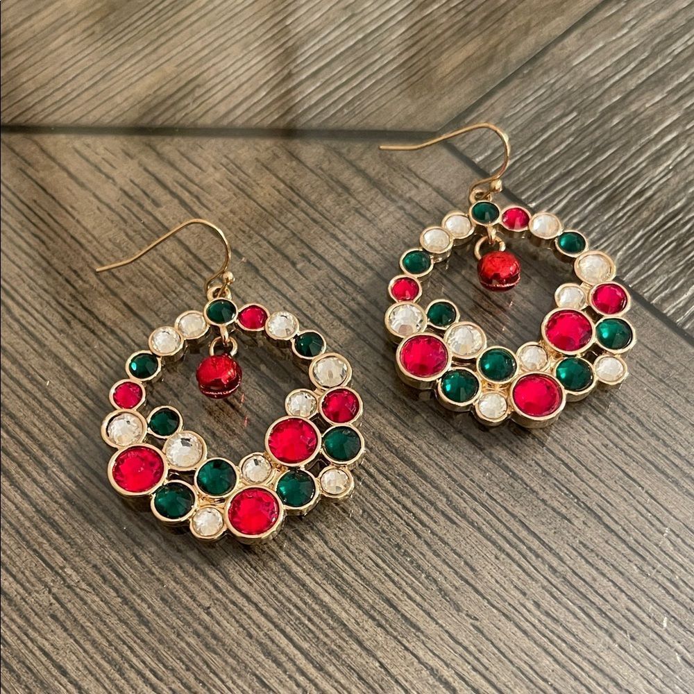 Glitzy Rhinestone Christmas Wreath Multicolor Gemstone Earrings Festive Holiday